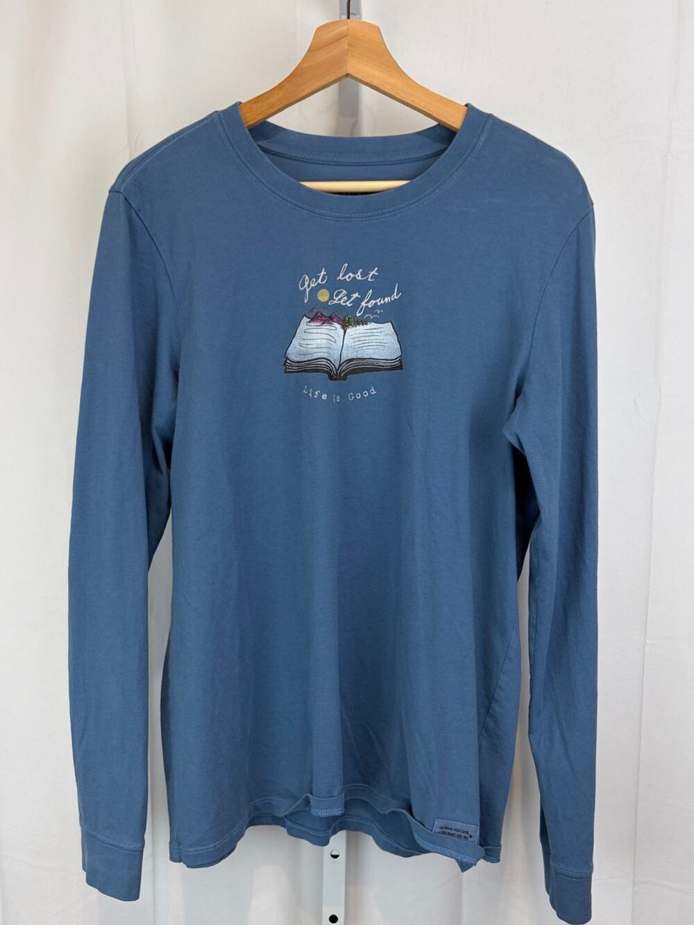 LIFE IS GOOD Get Lost Get Found Book Long Sleeve Crusher Graphic T Shirt Blue L